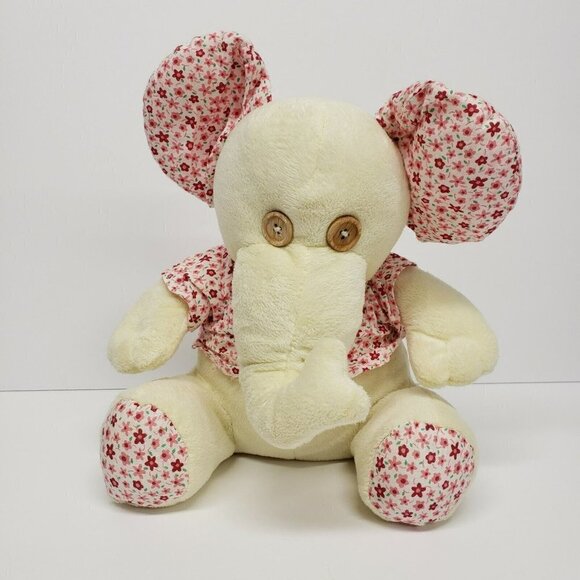Kellytoy 10" Cream Elephant Button Eyes Floral Print Ears Top Feet Plush - Picture 1 of 6